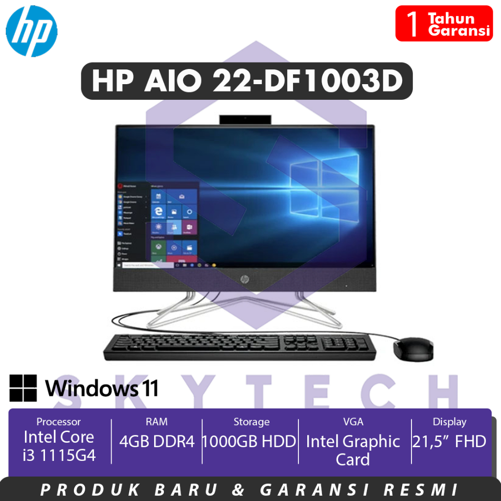 ALL IN ONE PC HP DF1003D INTEL CORE I3 1115G4 RAM 4GB DDR4 HARDDISK 1000GB UMA WINDOWS 10 HOME BLACK