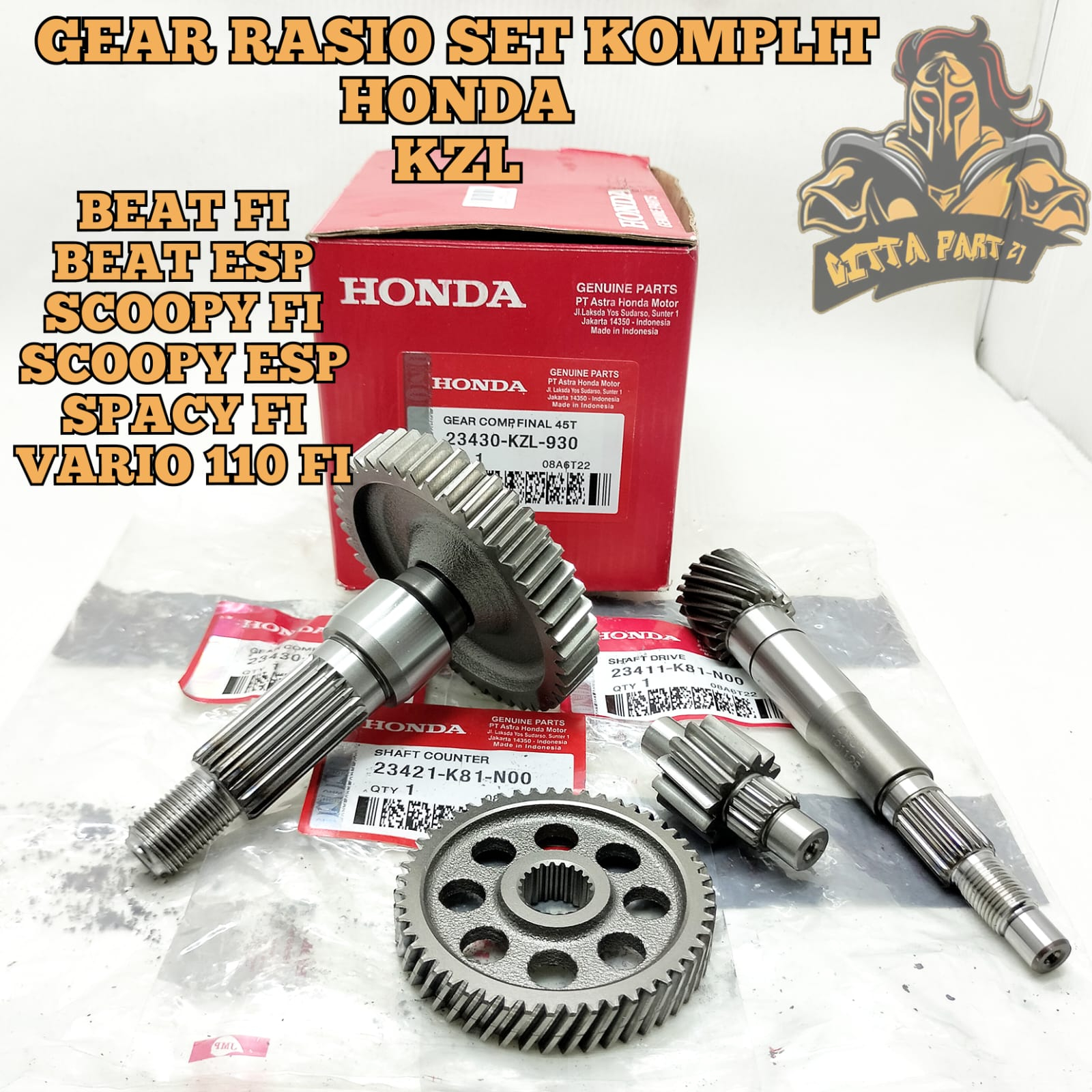 GIGI GEAR RASIO SET KOMPLIT 4 MACAM ASLI ORIGINAL HONDA KUALITAS ASLI ORIGINAL HONDA AHM PRESISI DAN DIJAMIN AWET BEAT FI STATER KASAR DAN HALUS BEAT ESP BEAT POP SCOOPY FI SCOOPY ESP SPACY FI VARIO 110 FI AS PULLY PULY