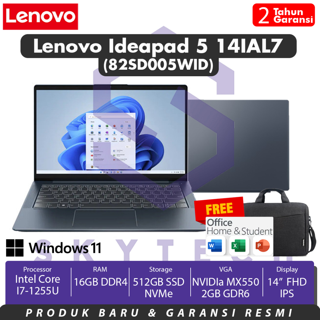 LAPTOP LENOVO IDEAPAD SLIM 5i 14IAL7 5WID CORE i7 1255U RAM 16GB SSD 512GB MX550 WIN11 OHS 82SD005WID