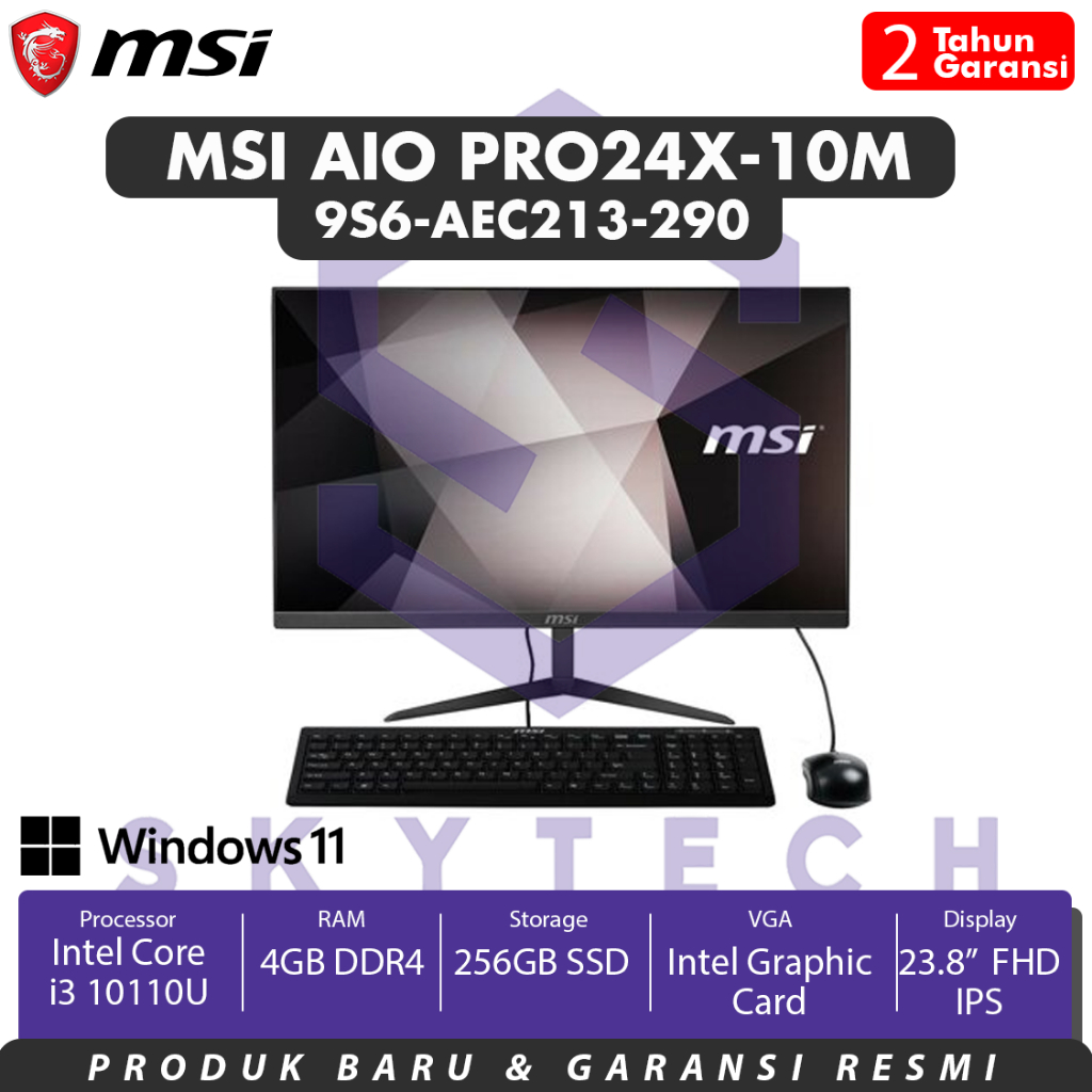 PC ALL IN ONE MSI PRO24X 10M 9S6 AEC213 290 INTEL CORE i3 10110U RAM 4GB SSD 256GB WINDOWS 10 SILVER