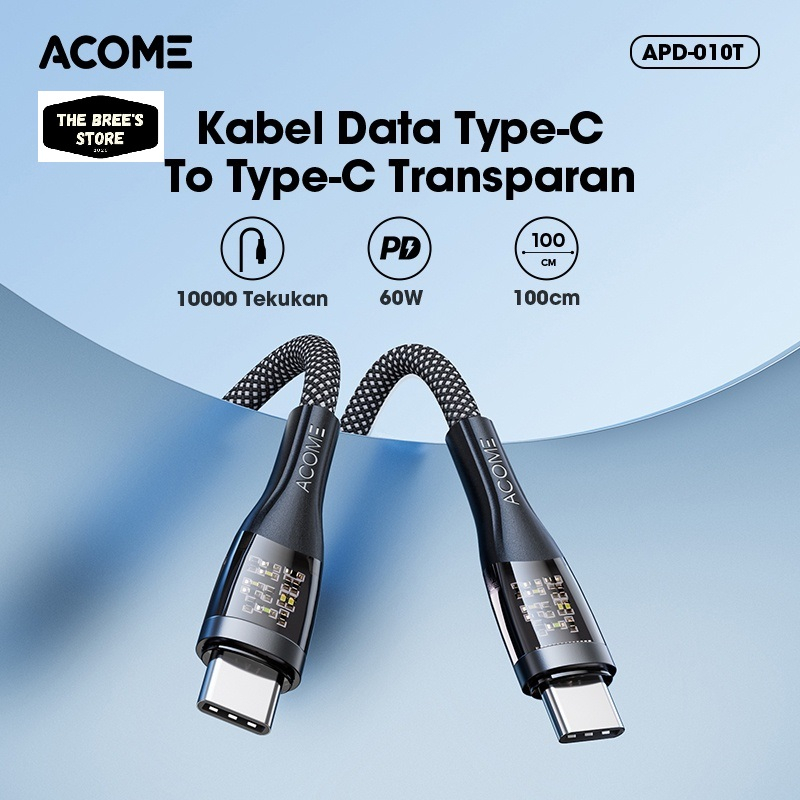 ACOME Kabel Data Charger Transparan 100cm Type C to Type C Fast Charging PD 60W APD-010T Original - Garansi Resmi 1 Tahun