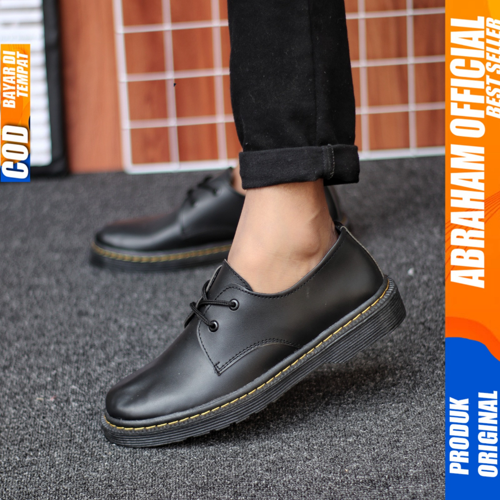 Sepatu Formal Pantofel Tali Hitam Casual Docmart Low Boot Pria Kerja Hitam Abraham