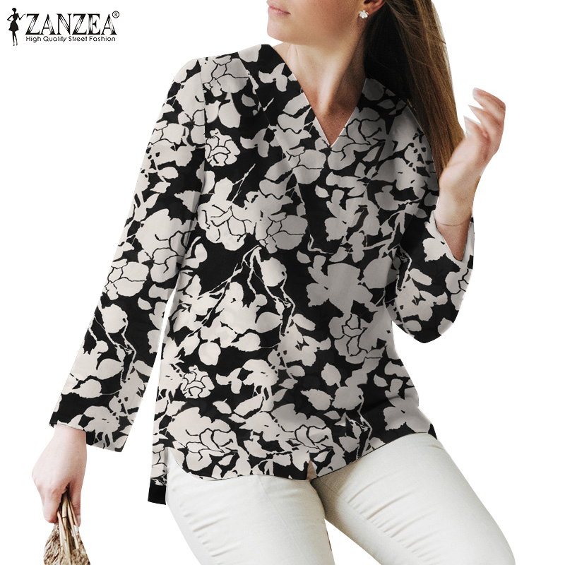 ZANZEA Women Vintage Style Long Sleeves Causal Elastic Flora Printing V-neck Slit Blouse