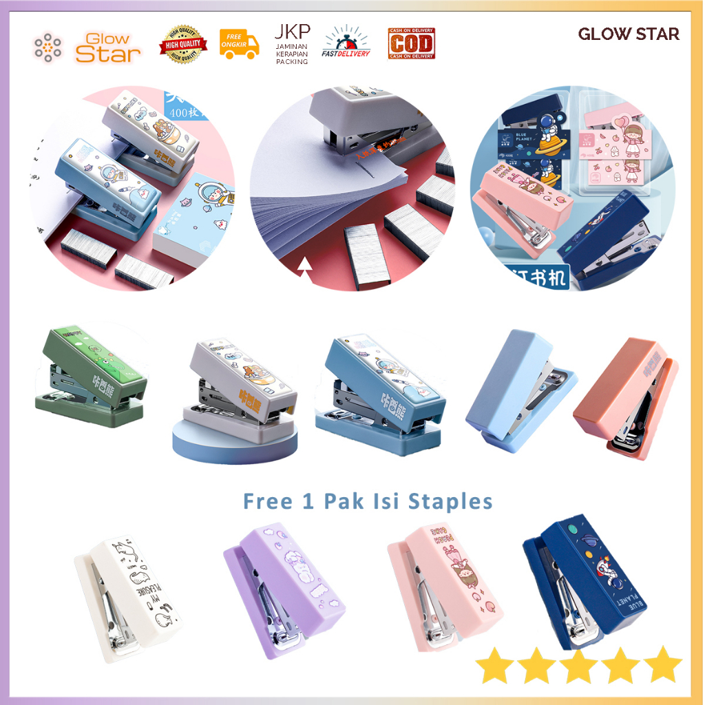 STP Staples Set mini kecil Staples lucu kantor penjepret kertas A4, Jepretan kertas sekolah anak kantoran Dengan isi staples 1 pak cute lucu