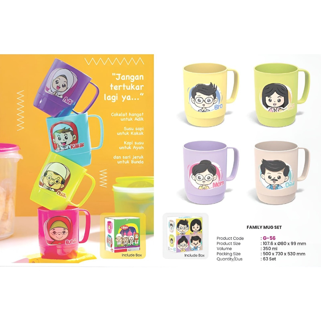 GELAS KARAKTER FAMILY SET 4 PCS / BIGGY GELAS SET MUG FAMILY 4 IN 1 FBL