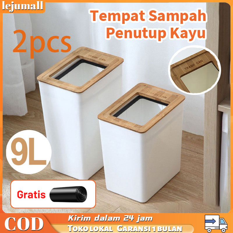 2pcs Tempat Sampah Putih Minimalis dengan Tutup Kayu Trash Bin - Tempat Sampah Aesthetic Estetik White Wooden