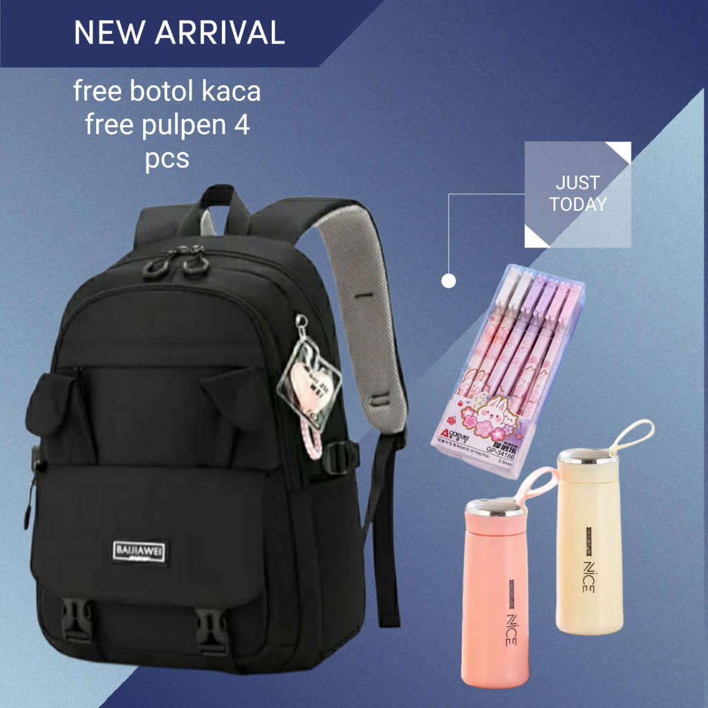 TAS RANSEL WANITA KOREA CIKUNEK ANTI AIR HITAM ELLESMA TA395B5 BACKPACK SEKOLAH KERJA BESAR BANDUNG ORI