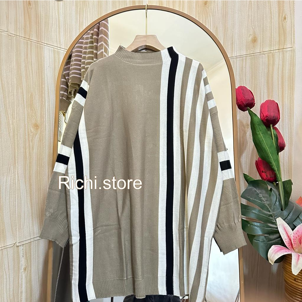 Zaneta Blouse Rajut Wanita Batwing Motif Garis Terbaru