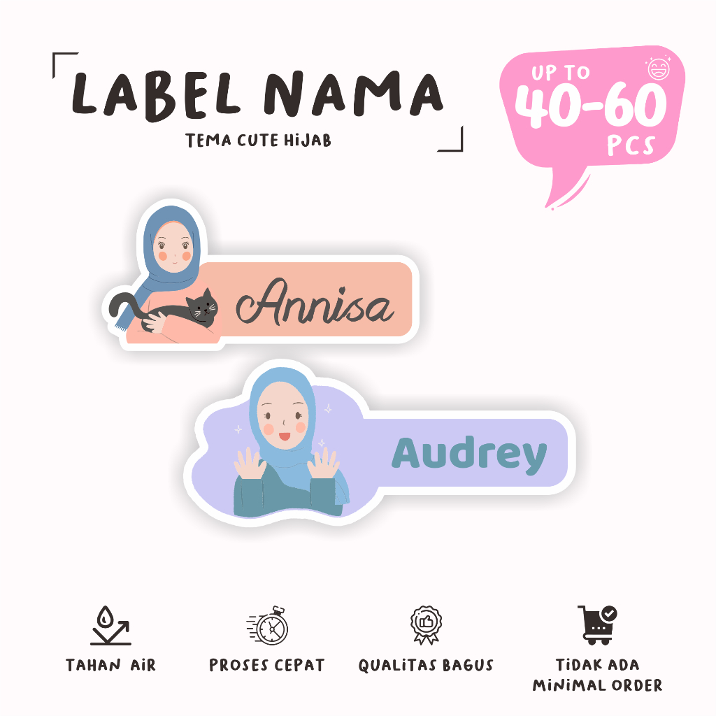 

(40 - 60 pcs)stiker nama lucu HIJAB|murah stiker label nama/anti air/cute hijab stiker/murah/cutting/stiker nama lucu custom