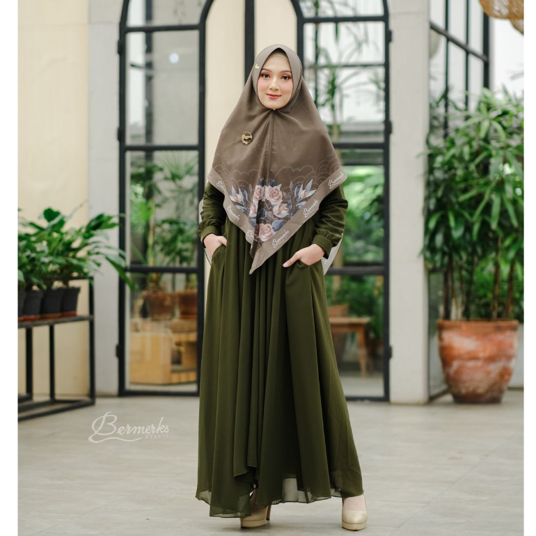 Gamis Ceruty babydoll set khimar motif terbaru Arawinda Maharani Anjani Jamilah zaskya mazaya ori bermerks syari terbaru