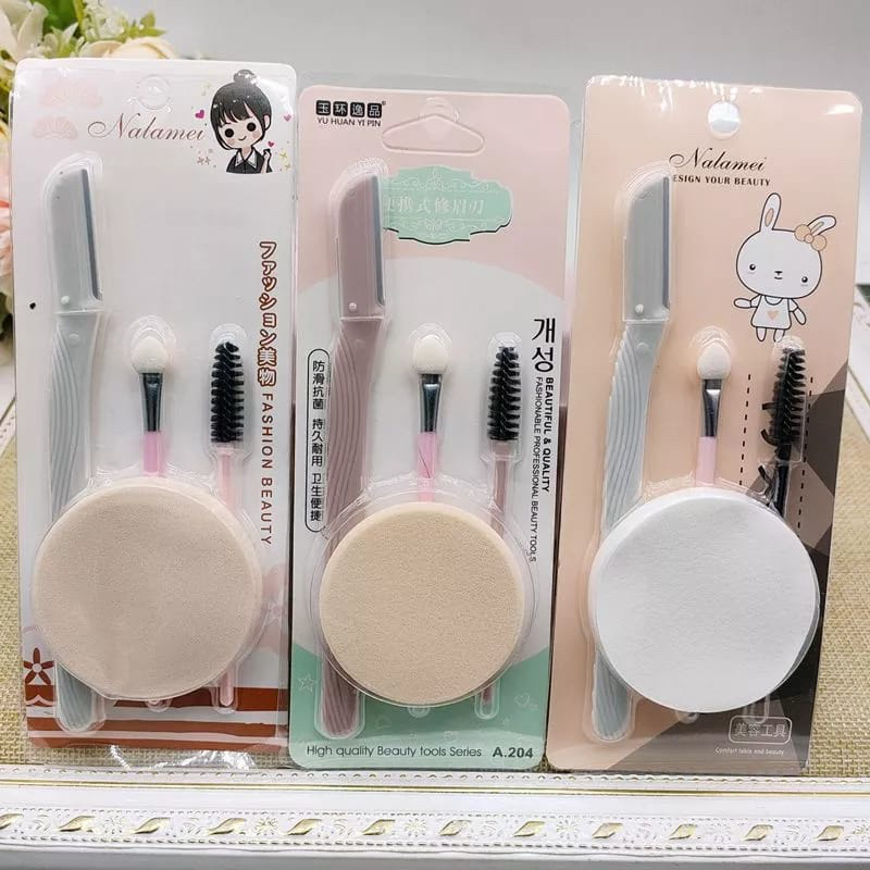 `ღ´ PHINKL `ღ´ Nalamei set cukur alis + spons kerok sponge aplikasi bedak