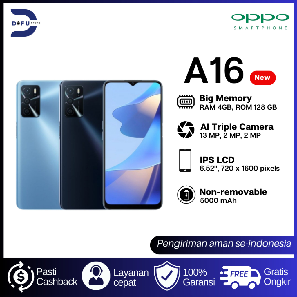 HP OPPO Smartphone type A16 RAM6GB/128GB murah GARANSI 1 TAHUN