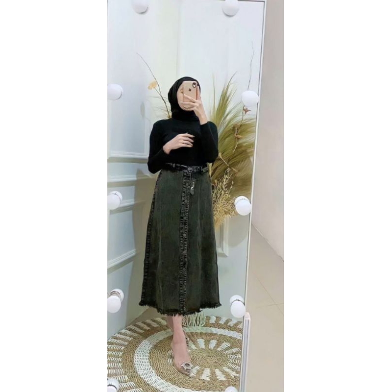 Rok Jeans Button Panjang Wanita Kancing Depan Button Rok Jins Denim Kekinian