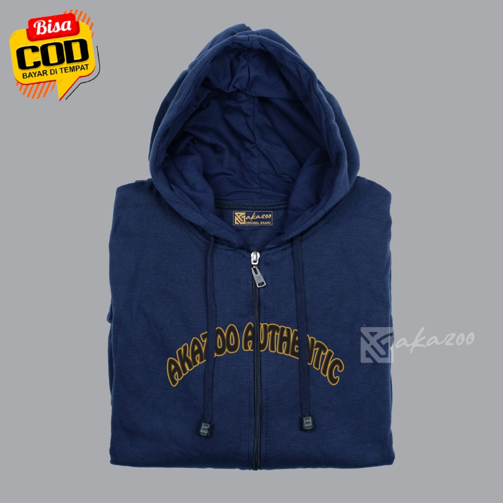 zipper jacket pria resleting akazoo warna navy blue HARTA TAHTA ORANG TUA sablon depan blakang