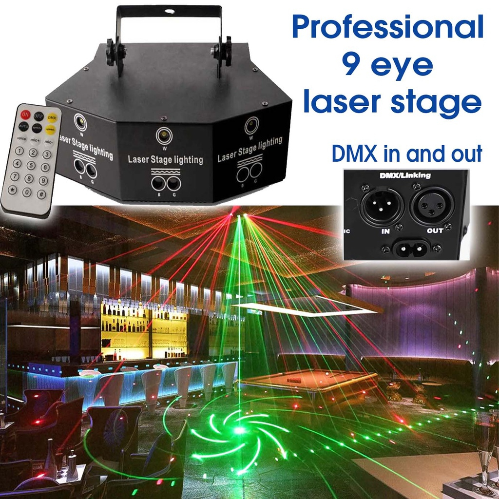 LINYEE Laser Stage 9 eye DMX control &amp; Sensor suara Lampu proyektor laser sorot Disco 9-eye RGB Disco Lamp DMX Remote Stage DJ Strobe Light Control Laser Light Party KTV Bar Stage Lighting Decoration Led Light DMX 7CH Controller Color Strobe LED PAR Lamp