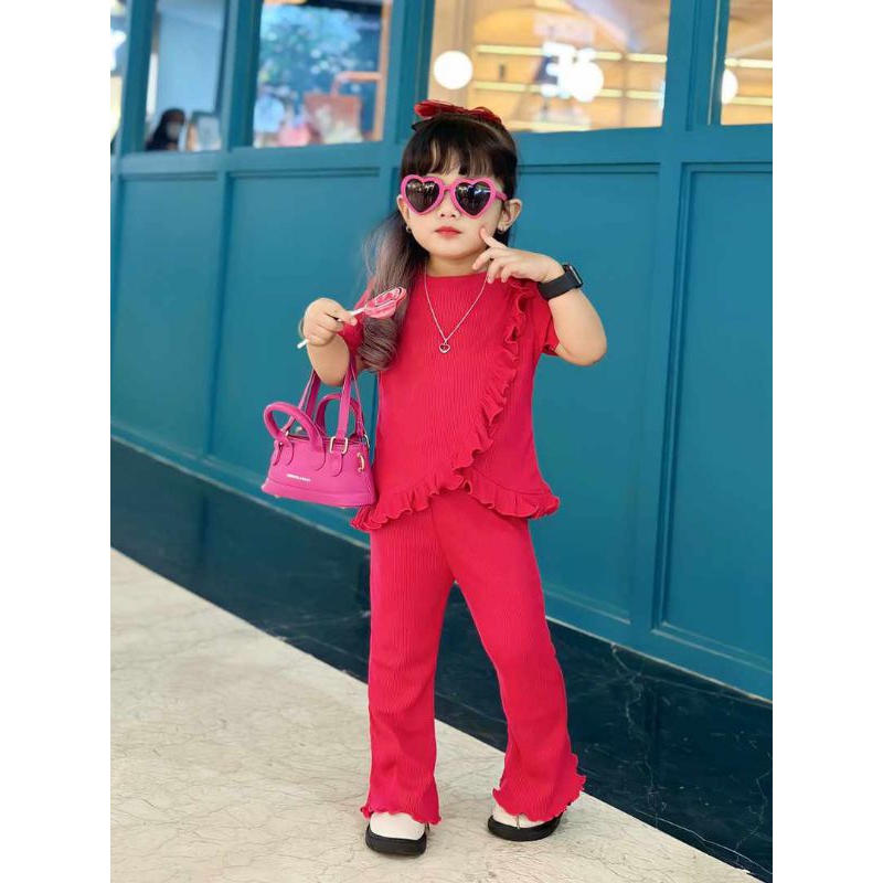 Baju Setelan Anak Perempuan MALIKA Ruffle Set Knit Tee Usia 1-5 Tahun Lucu Bahan Rib Knit