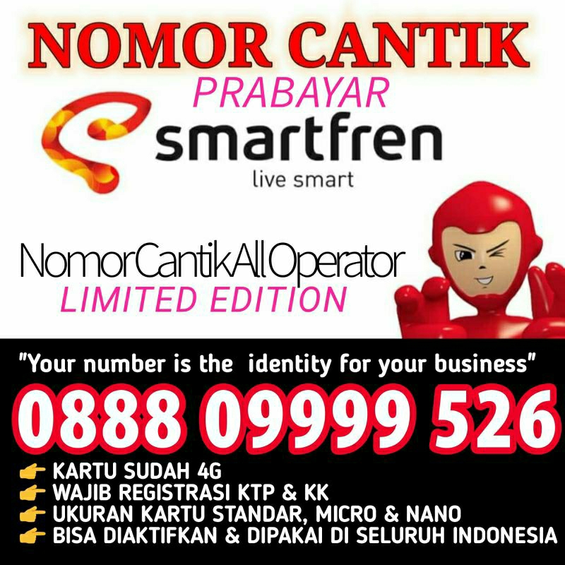 Nomor Cantik SMARTFREN PRABAYAR 0888  09999  526 and 527 4G LTE