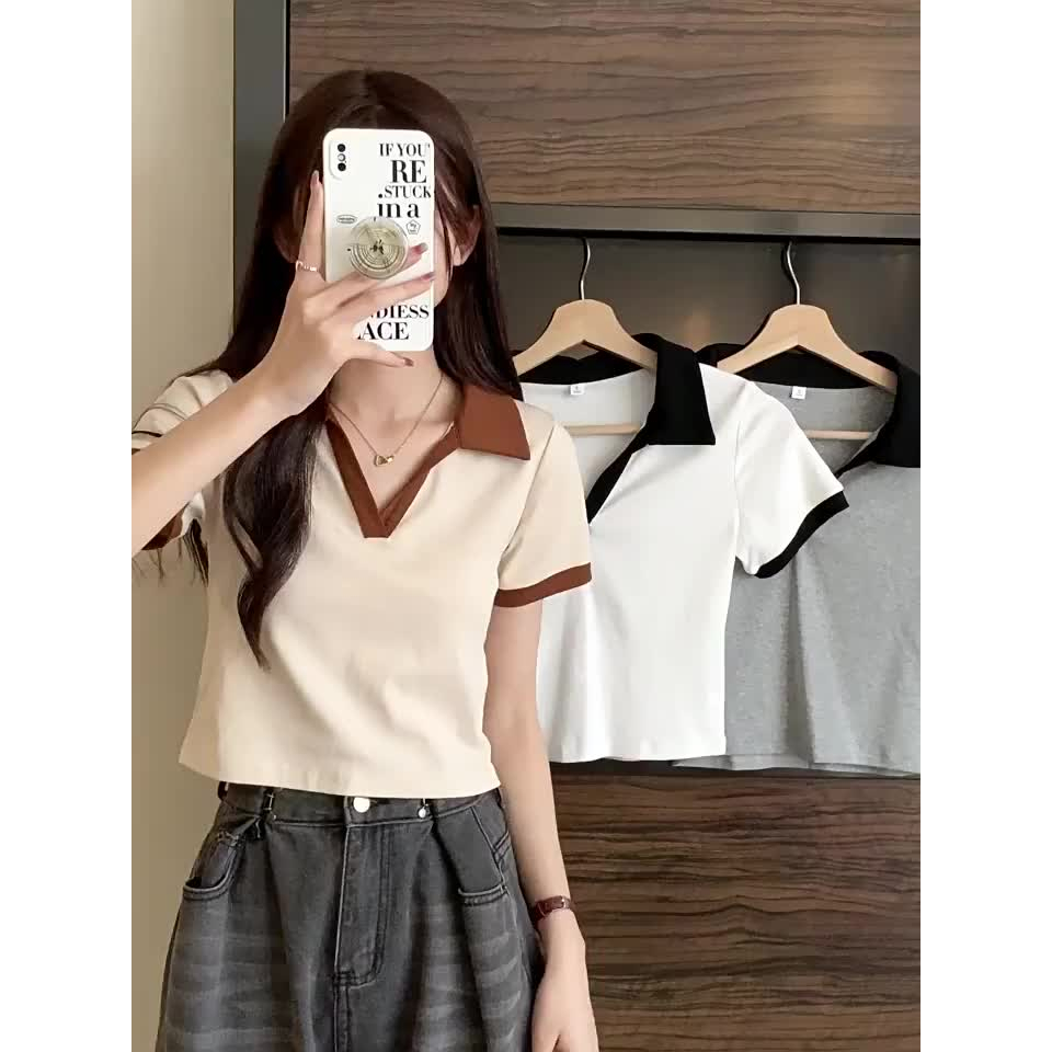 GO!BJ1245 Baju Atasan Kaos Lengan Pendek Model Kerah V CropTop Wanita Kekinian Fashion korean