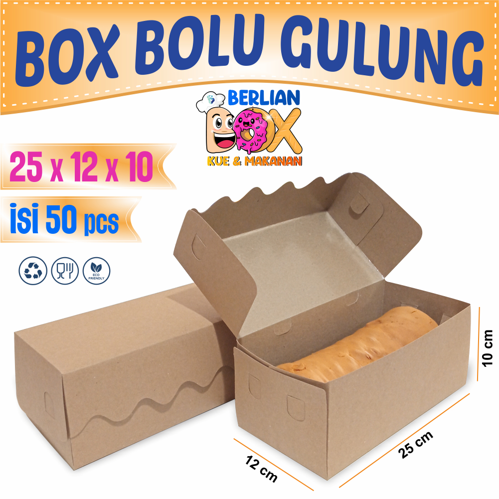 Box Bolu Gulung 25x12x10 / Dus Kotak Hampers / Roti Bakar Donat /Dus  Bolu Gulung Paper Kraft (50pcs