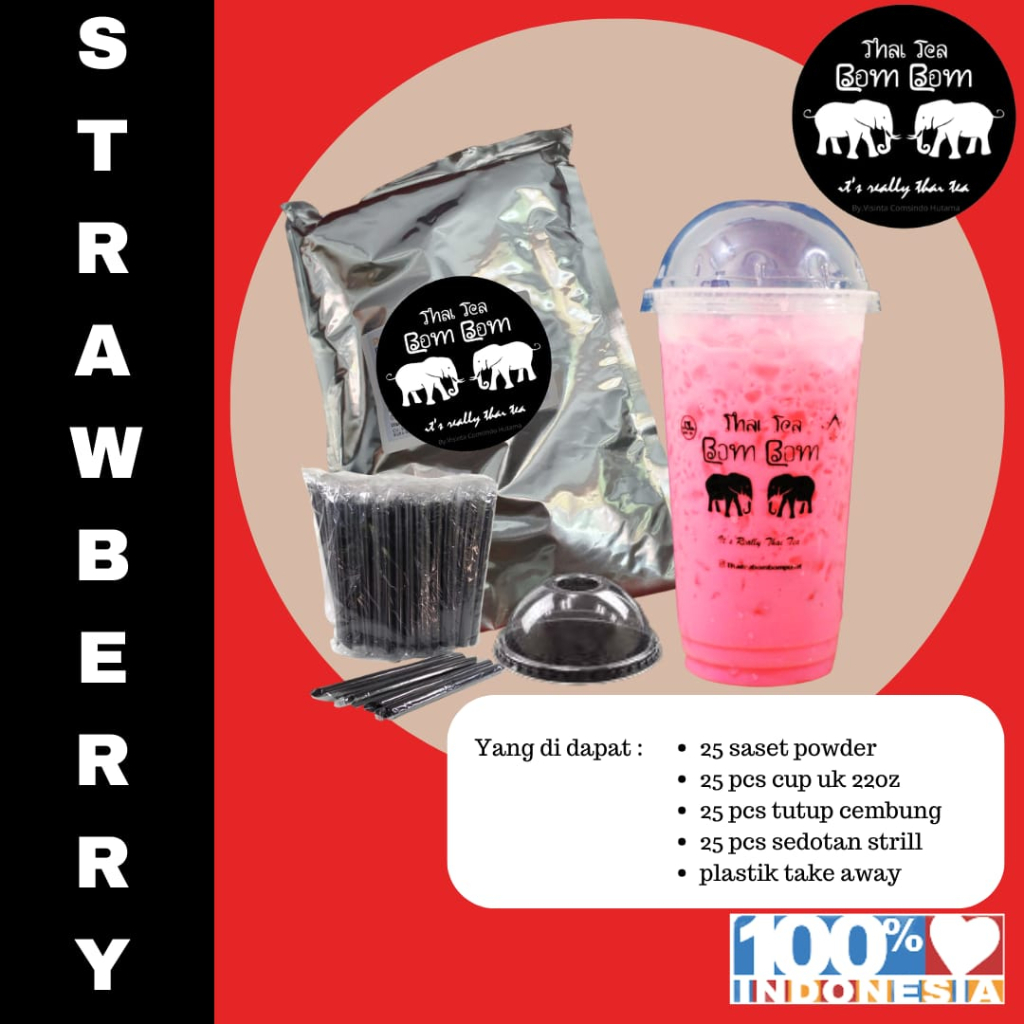 BUBUK MINUMAN RASA STRAWBERRY - 1PAKET - THAI TEA BOM BOM