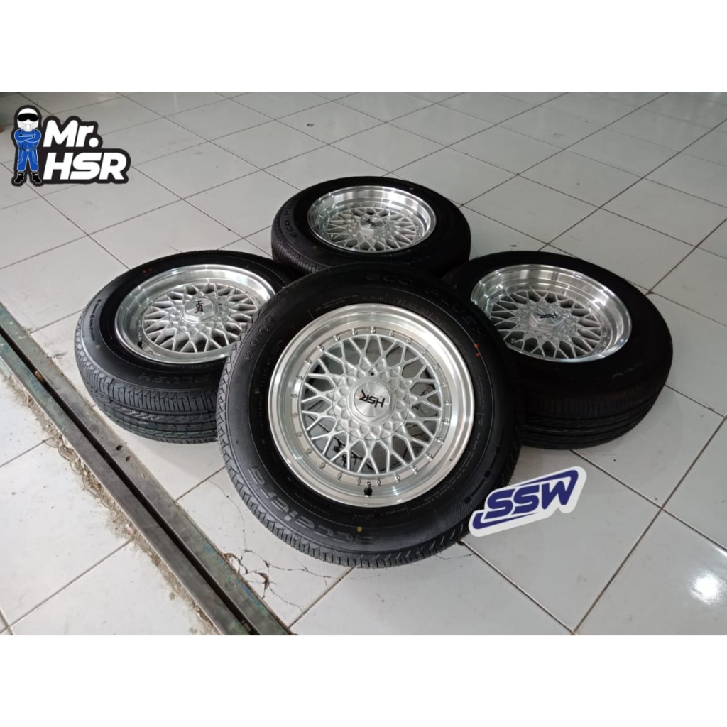pelek hsr bbs rs ring 15 celong lebar 7/8 lubang 4x100/114 + ban 205 65 r15 seken mulus like new