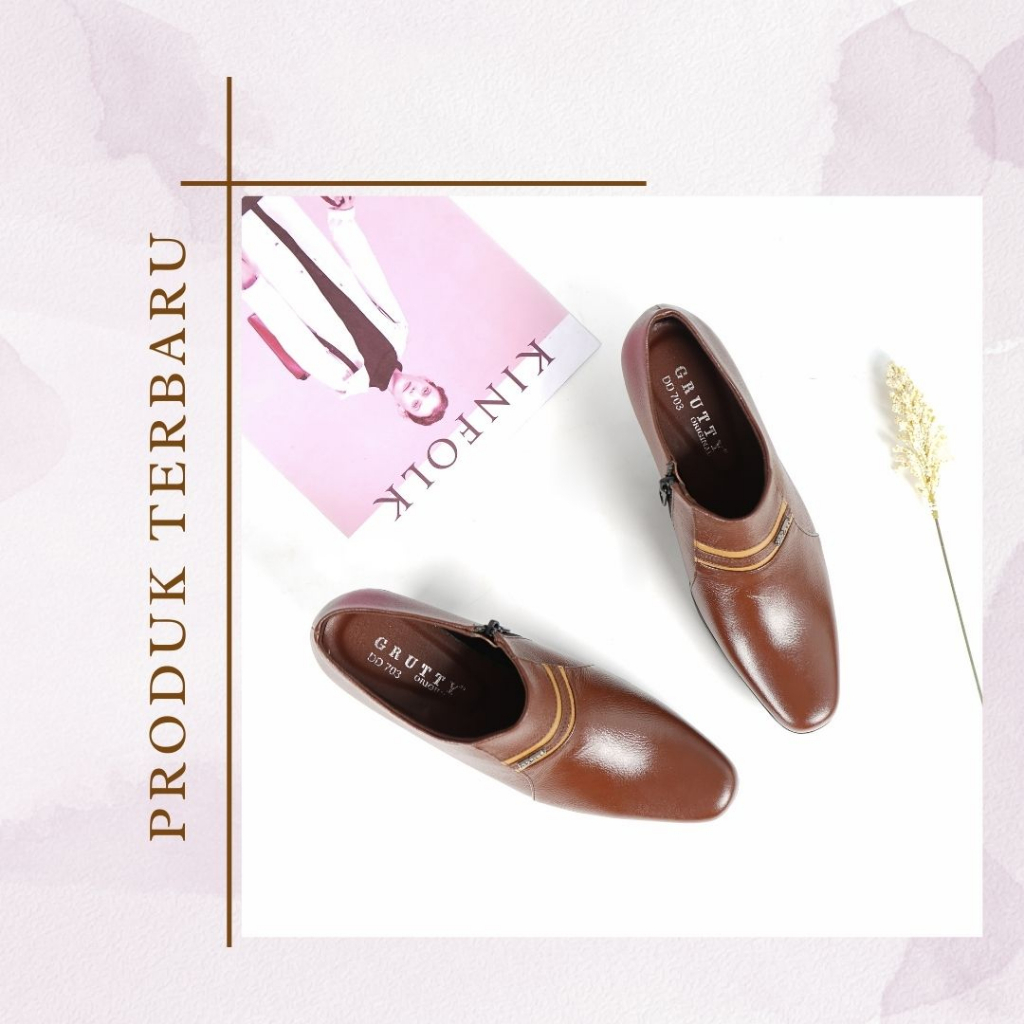 Sepatu Wanita Pantofel Boots 5cm PDH Polwan Pns Kerja Kulit Asli Coklat