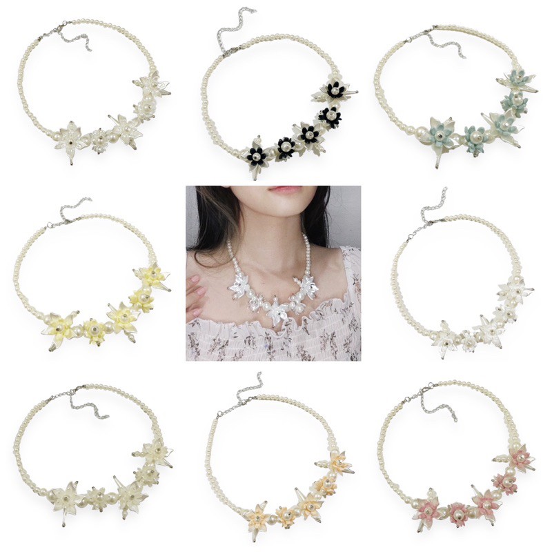 Ardelle Flowery Pearl Necklace Kalung Panjang Bunga Korea Korean Hijab Friendly