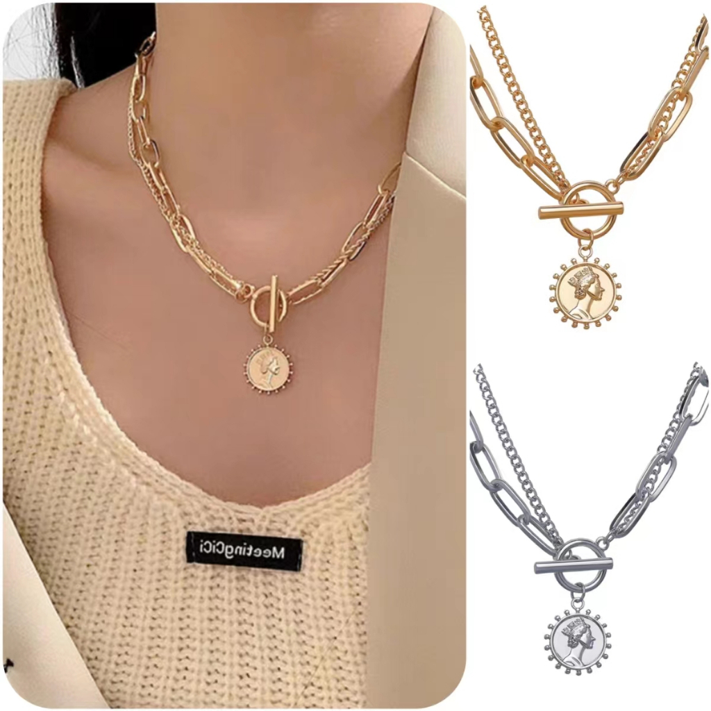 Kalung Rantai Logam Ganda Wanita Dengan Liontin Koin Kepala Cantik/ Aksesoris Fashion