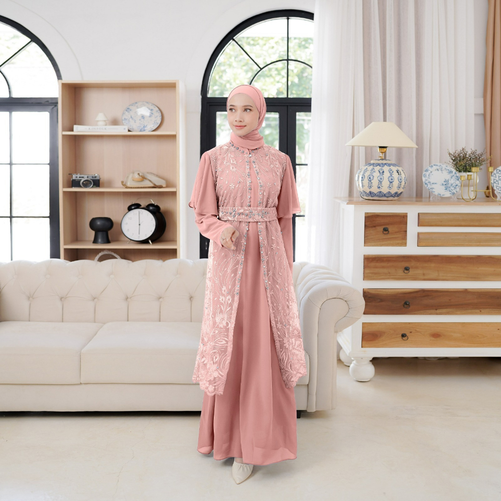 Demore Angela Setelan Gamis Prewedding Full Brukat Elegan Ceruty babydoll