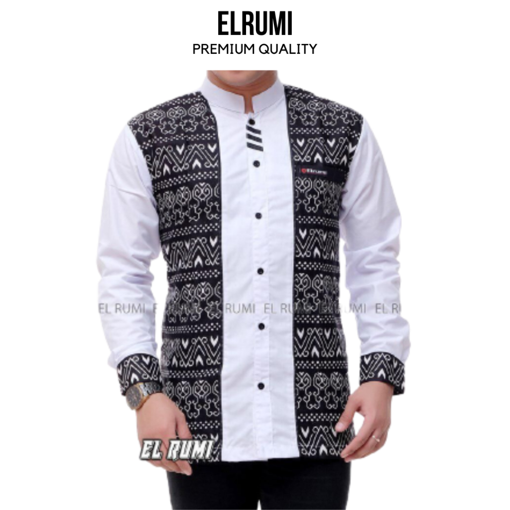 Baju Koko Pria Lengan panjang Motif Batik Jari List Dewasa Koko elrumi - Motif Suku Dayak - Seragam 