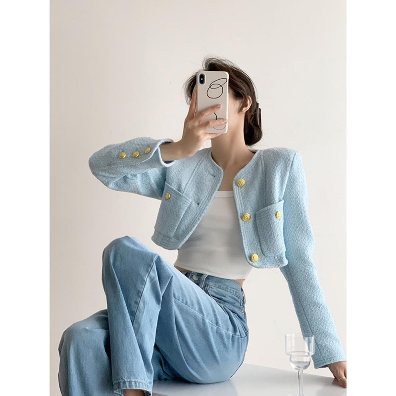 Divya Blazer Tweed Simple Korean Chic Minimalis Style Feminim Basic Casual Outer Pastel Sweet Holida
