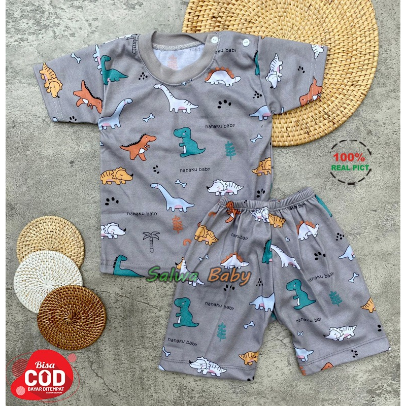 Setelan Baju Bayi Piyama Bayi Lengan Pendek Kancing Pundak Motif Printing Dino Usia 3-12 Bulan Anababy