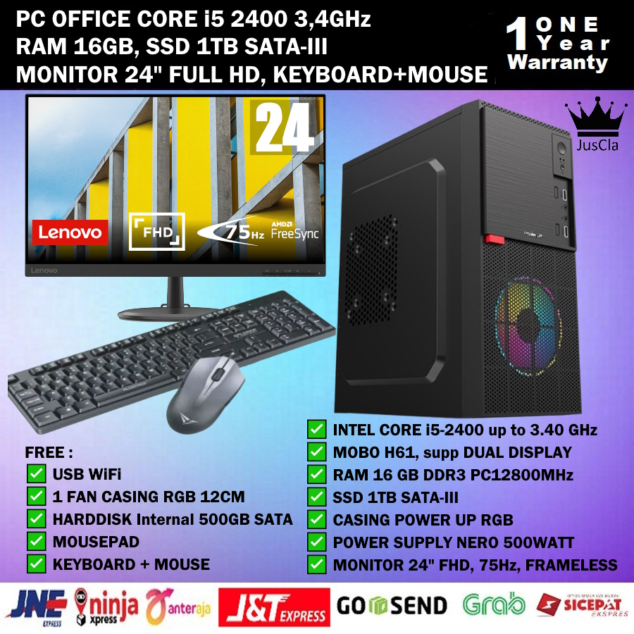 PC OFFICE FULLSET INTEL CORE i5-2400 3,4GHz|RAM 16GB|SSD 1TB|HDD 500GB|KEYBOARD+MOUSE USB|USB WIFI