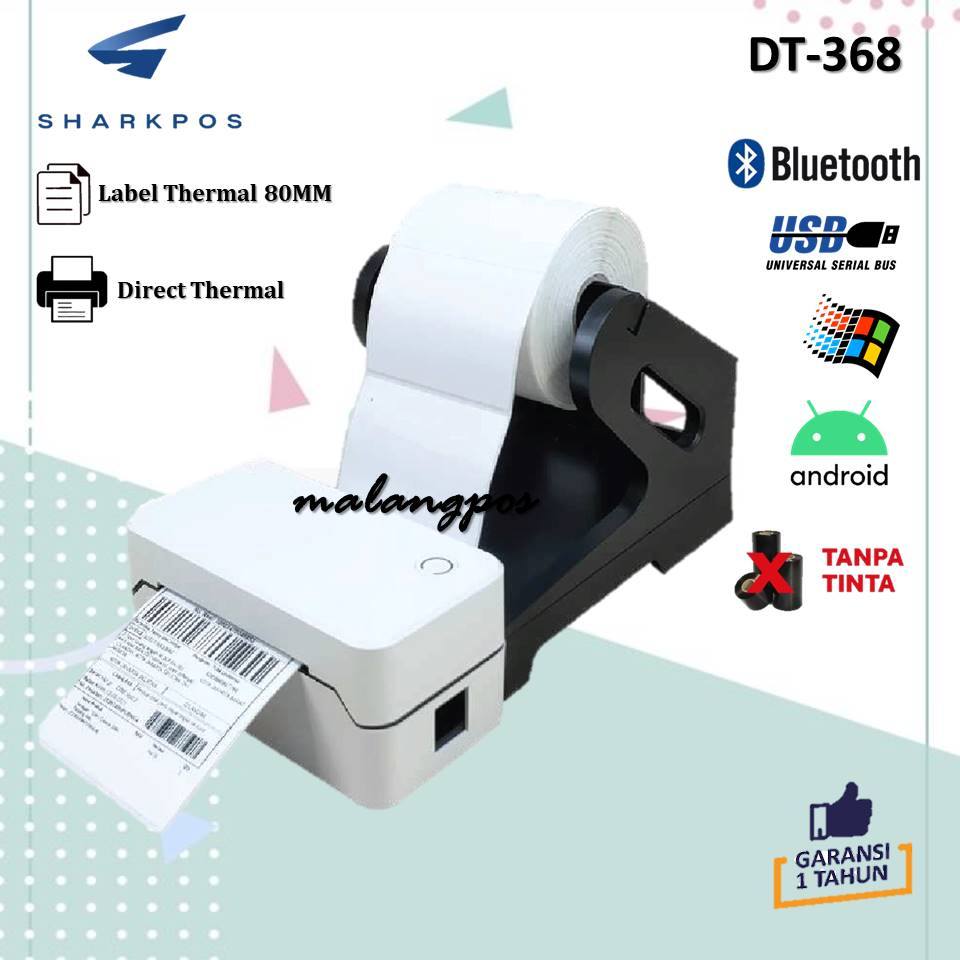 Printer Thermal Label Sharkpos DT368 LP368 Cetak Label Thermal 78x100 USB Bluetooth DT-368