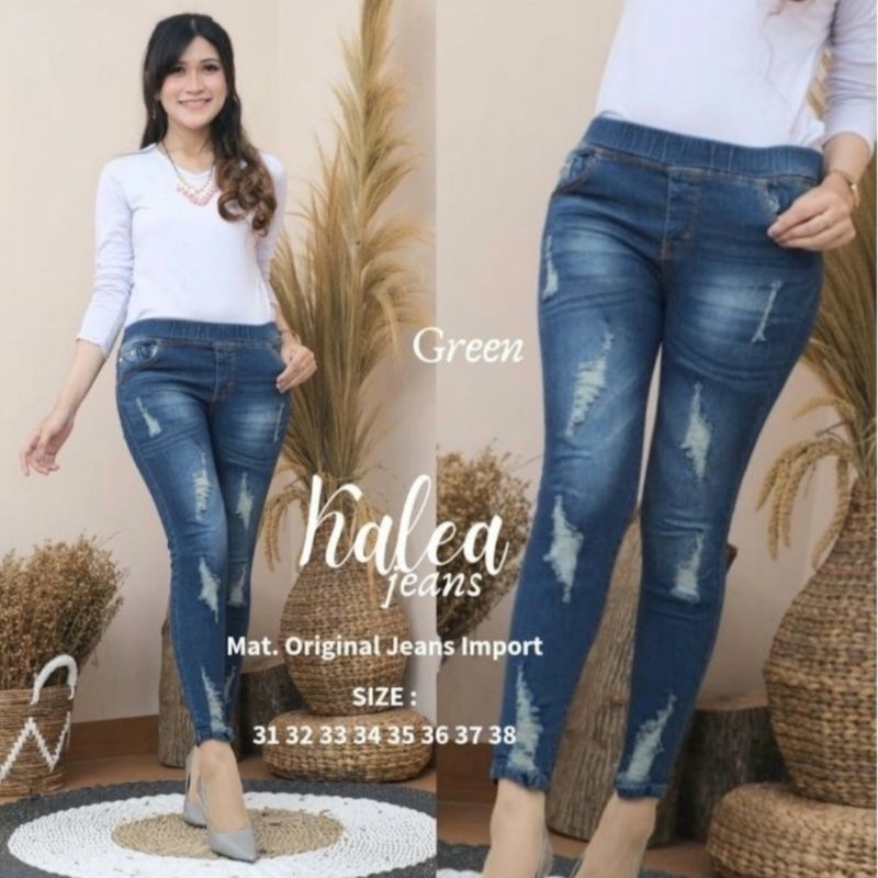 Celana jumbo jeans sobek wanita jegging jeans jumbo pinggang kolor rip