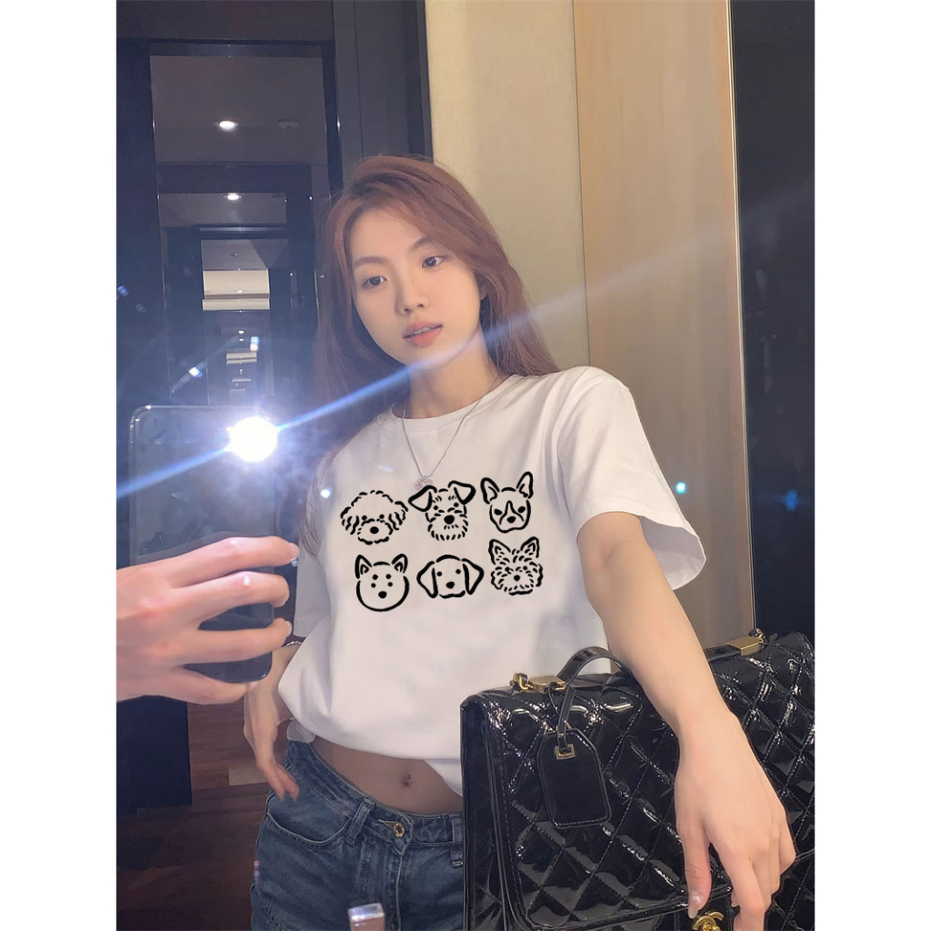 EUNII T-shirt Lengan Pendek Cartoon Hitam Dog Printing Korean Style/Kaos Atasan Wanita/Baju Kaus Oversize Wanita/Kaos Wanita