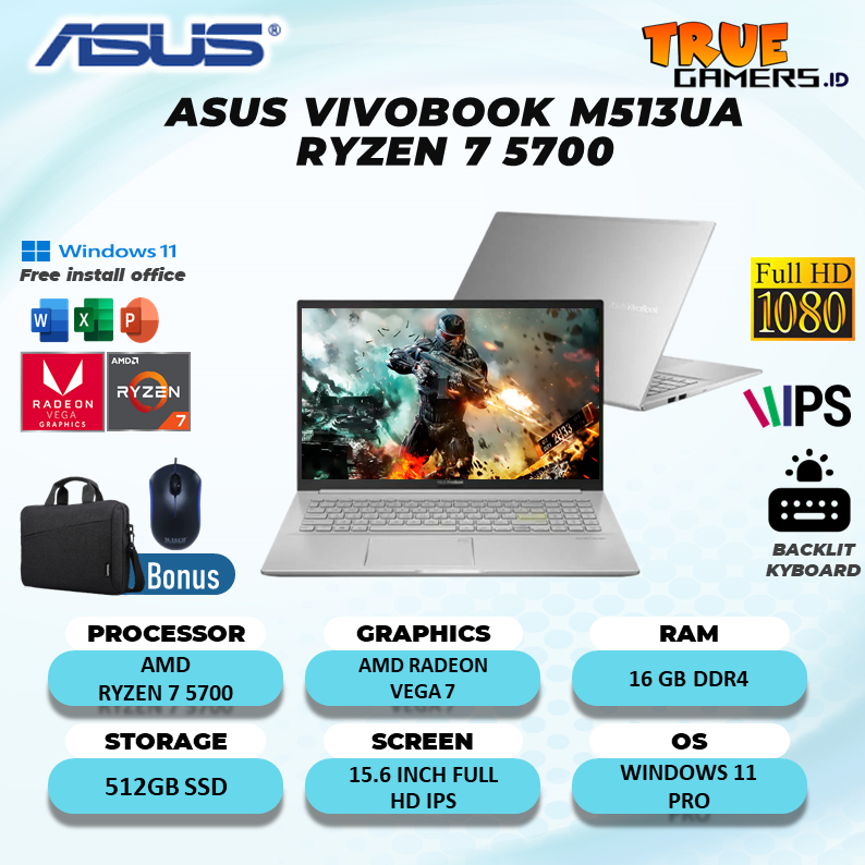 Laptop Asus Vivobook M513ua Amd Ryzen 7 5700 16gb 512gbssd vega7 win11pro 15,6 fhd ips