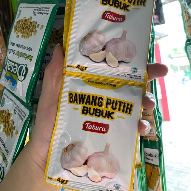 

BAWANG PUTIH BUBUK TABURA 1RENCENG ISI 12 SACHET