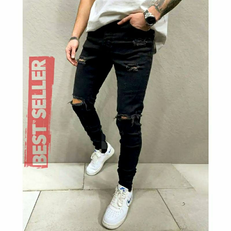 CELANA SOBEK PRIA RIPPED JEANS ROBEK HITAM 27-38