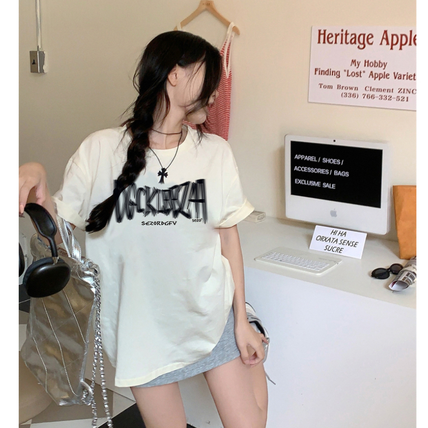 baju kaos wanita/lengan pendek korean style letter graffiti print T-shirt import oversize kaos cream