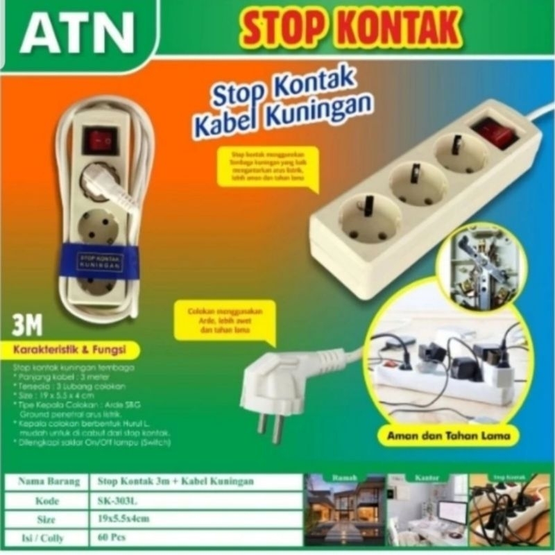ATN : STOP KONTAK + KABEL KUNINGAN ATN 3 METER LUBANG 3 , 4 & 5