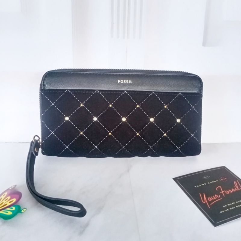 Dompet Wanita Fossil Jori RFID Zip Clutch Black Quilt