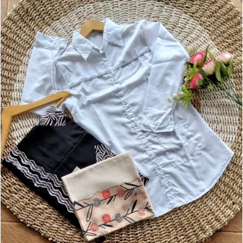 Set tunik santri ( jilbab motif - tunik - sarung aqil ) | satu paket setelan santriwati | tunik toyo