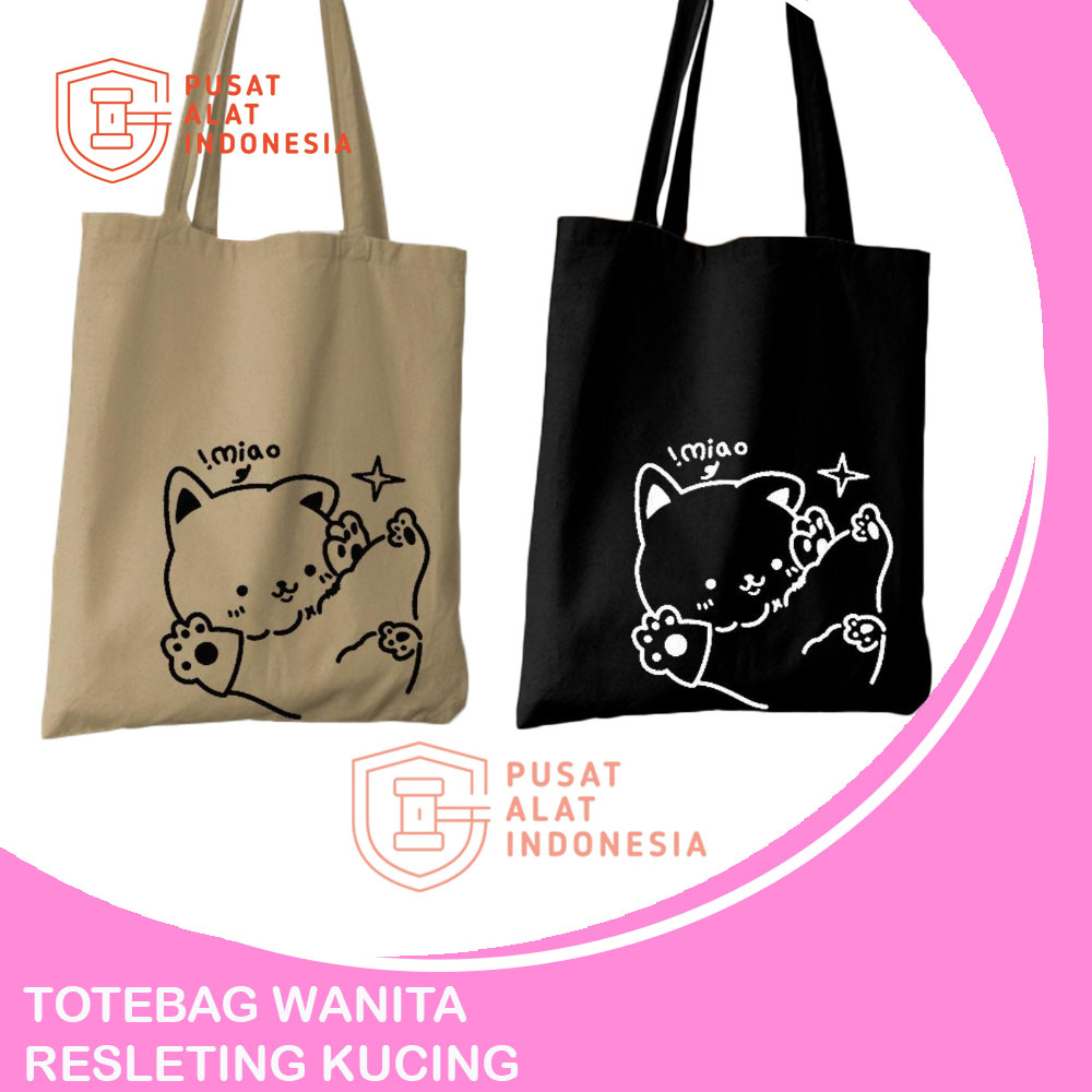 Totebag Wanita Resleting Tas Tote Bag Kucing Lucu Sr344