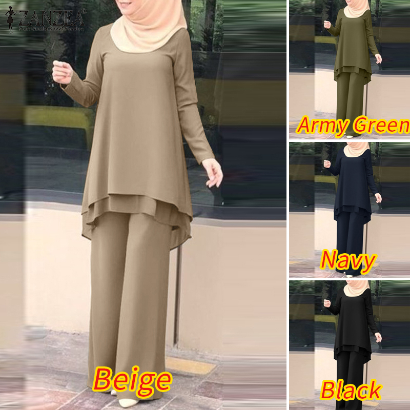 ZANZEA Women Daily Lace Double-layered Irregularly Hem Tops Elastic Waist Straight Pants Muslim Suit