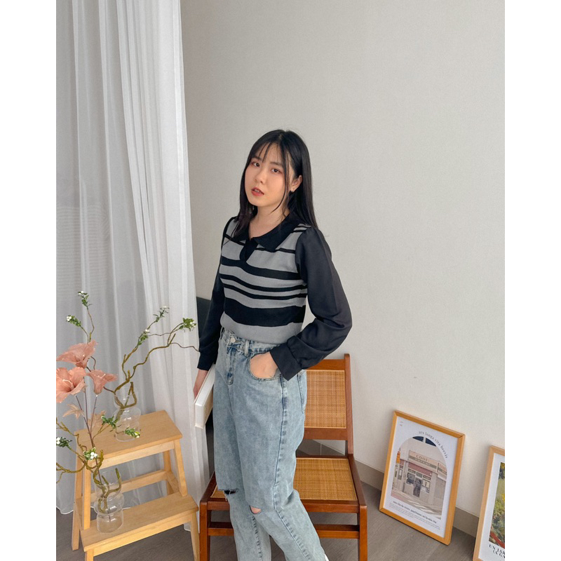 KANON - Isamu Knit Stripe Top - Sweater basic rajut motif strip