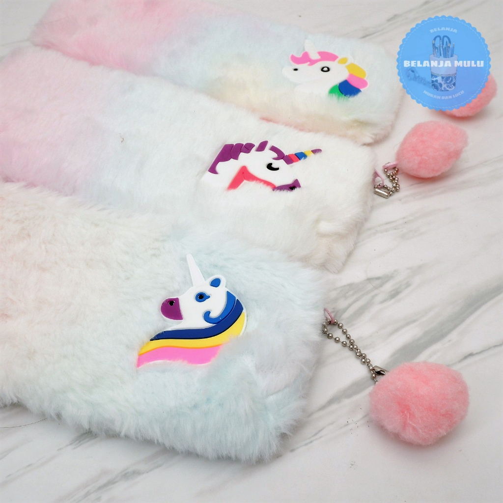 

Kotak pensil bulu unicorn Tempat pensil Pencil case logo unicorn kuda poni kepala head bulu lembut plushy murah lucu hadiah gift