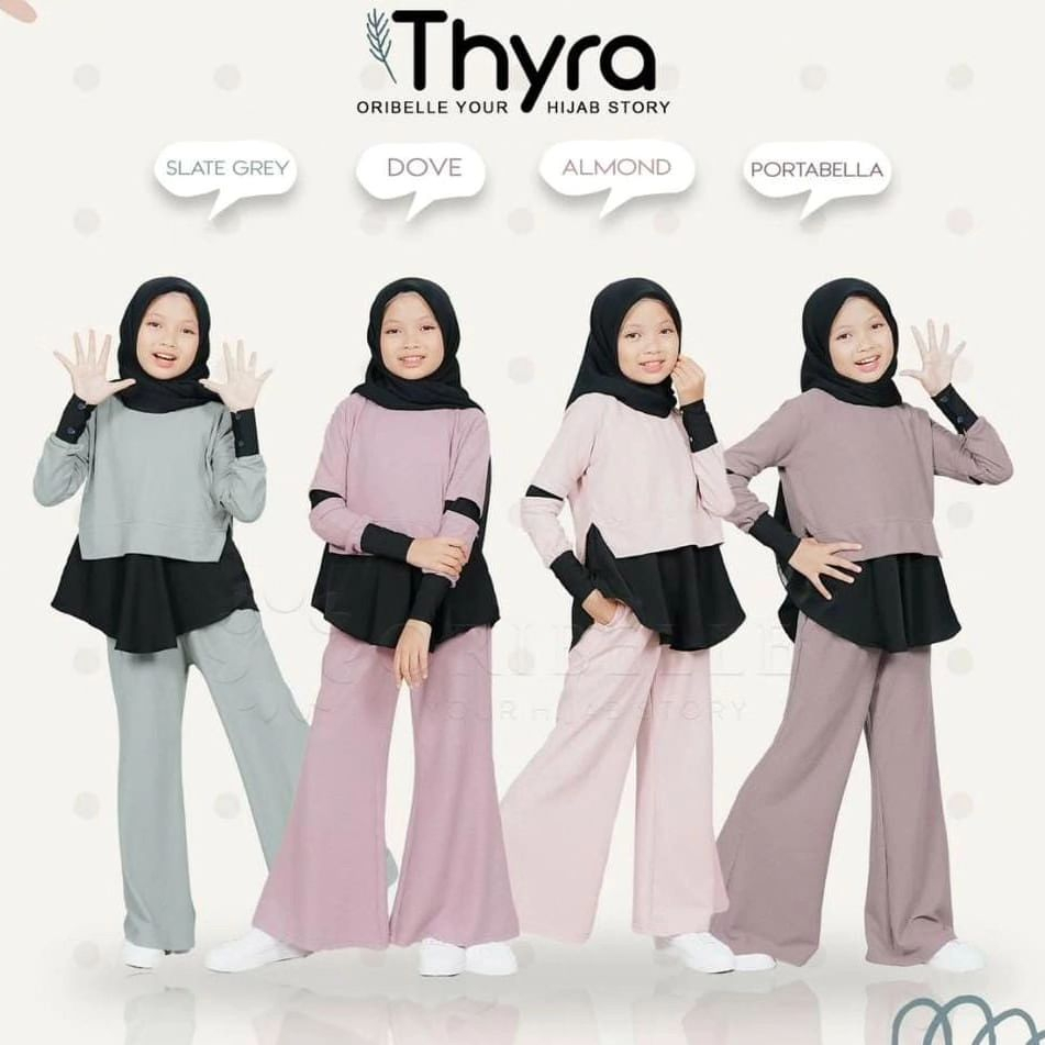 Baju Setelan Anak Perempuan Fashion Muslim Anak Perempuan Pakaian Set 2in1 Thyra Set Kids Setelan Cewek Lucu Gemes Bahan Crinkle Airflow Usia 10 11 12 Tahun