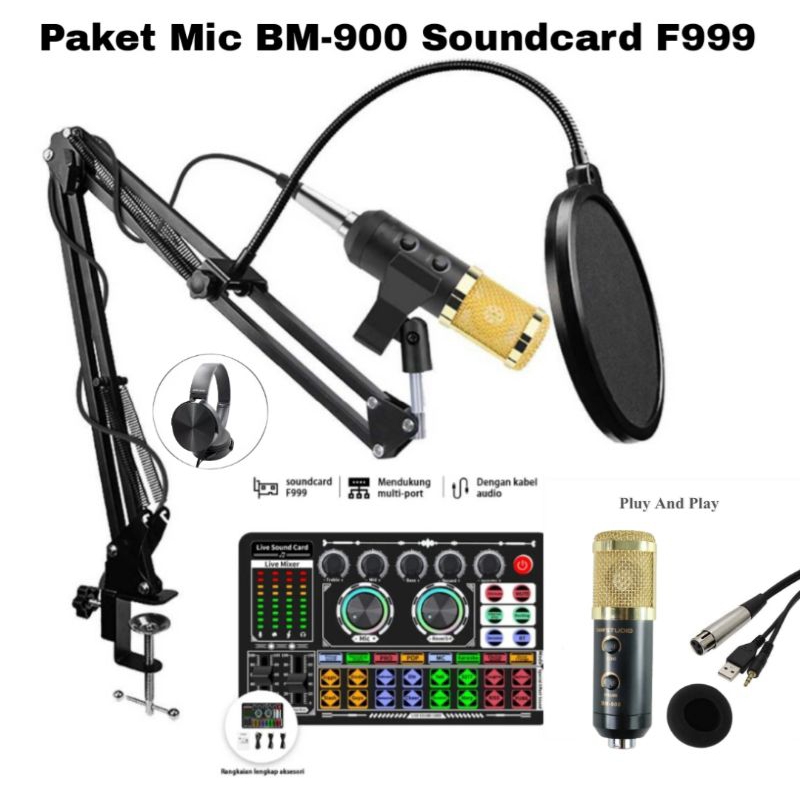 Paket Premium BM900 Soundcard F999 Stand Arm Pop Filter