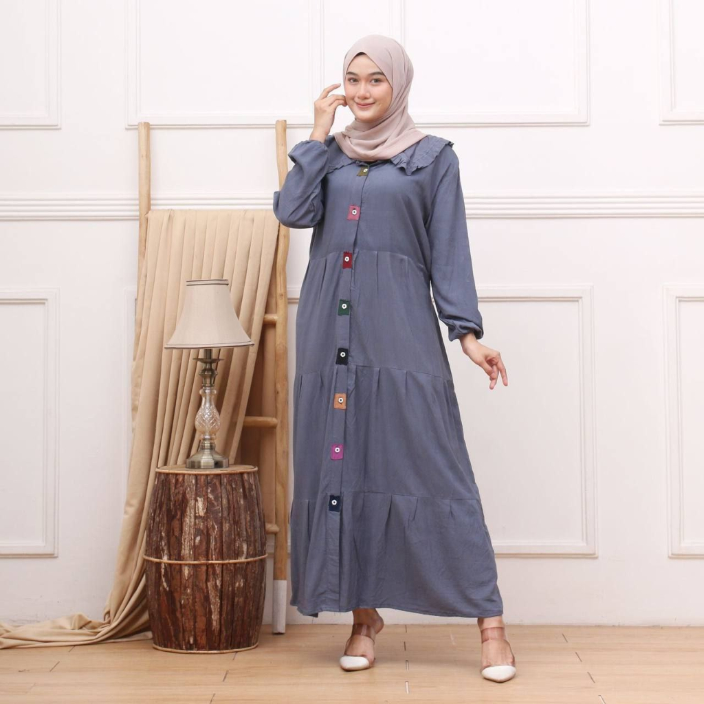 Aira Midi Dress Rayon - Gamis Full Kancing Size L XL XXL - Gamis Polos Mewah